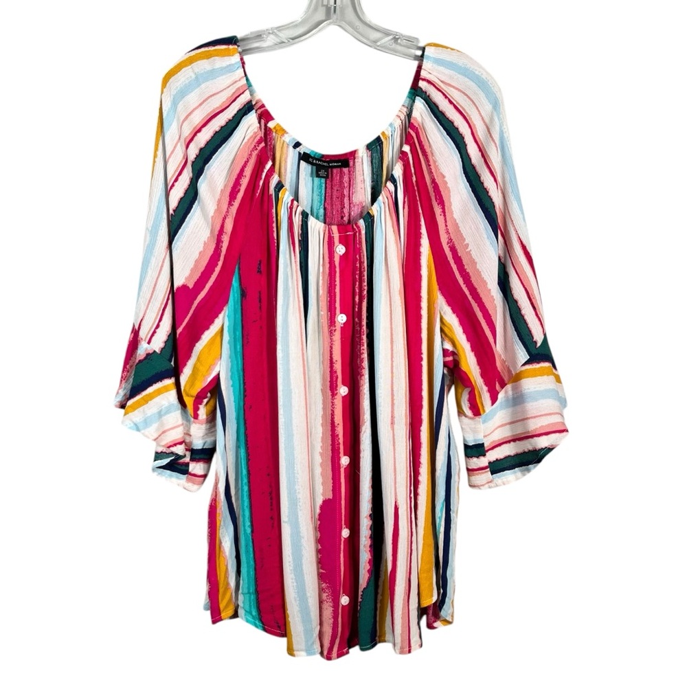Zac & Rachel Pink Colorful Stripe Pattern Ruffle Sleeve Lightweight Blouse 2X